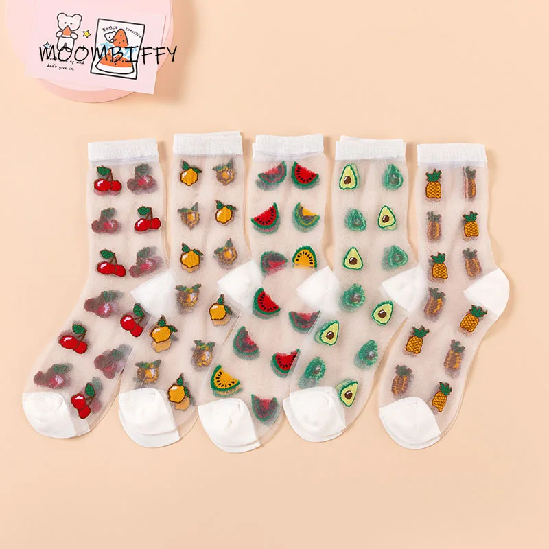 

Прозрачные забавные носки с фруктами кавайный дизайн для девочек вишня авокадо оранжевый Харадзюку тонкие стеклянные шелковые милые носки...