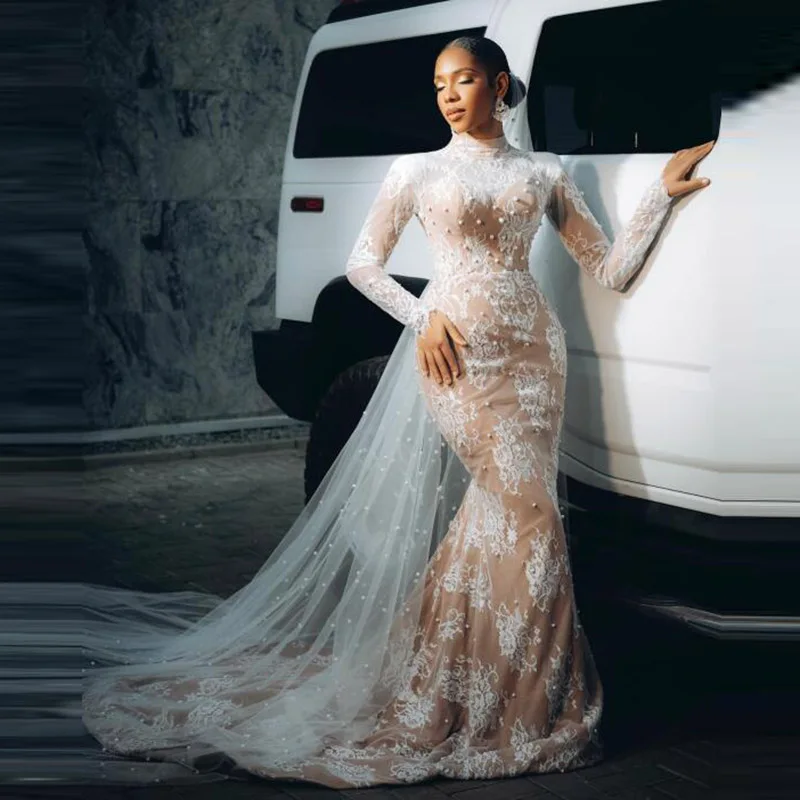 Lace Pearls Beaded Wedding Dresses High Neck Long Sleeves Mermaid Bridal Gowns With Tulle Sweep Train Vintage Wedding Vestidos
Lace Pearls Beaded Wedding Dresses High Neck Long Sleeves Mermaid Bridal Gowns With Tulle Sweep Train Vintage Wedding Vestidos
