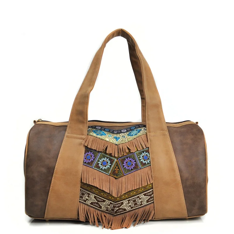 

Women's Handmade Ethnic Style Personalized Embroidery Spliced Contrast PU Leather Tassel Handbag
