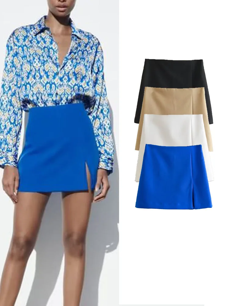 

TRAF Summer Solid Skirt Shorts For Women 2023 Fashion Vintage Causal Side Zipper Fly Short Pant Elegant Split A-Line Mini Shorts