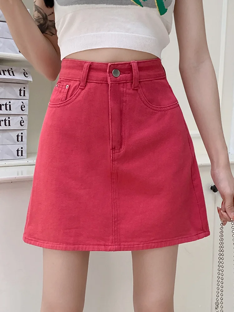 

Женская джинсовая юбка с завышенной талией, розовая однотонная облегающая юбка трапециевидной формы из денима в уличном стиле, весна-лето