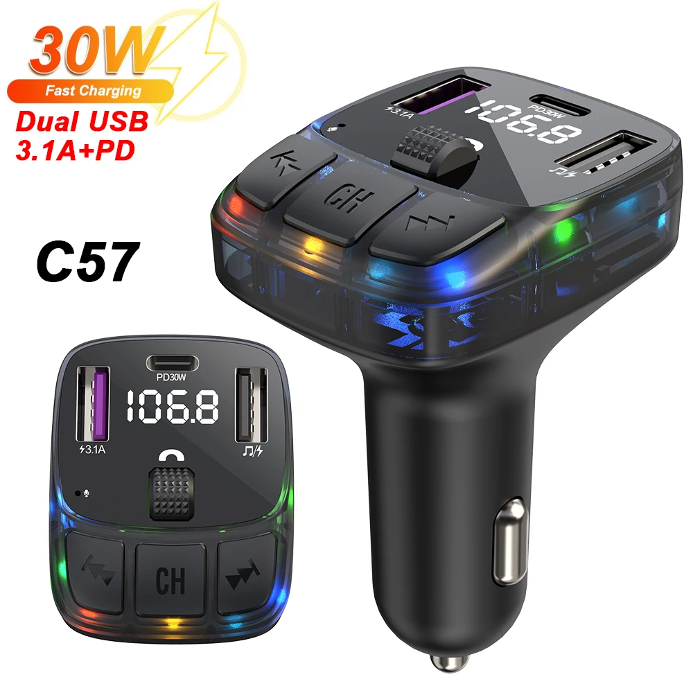 Автомобильное зарядное устройство 30 Вт PD Type C с двумя USB-портами, быстрая автомобильная зарядка окружающего света, Bluetooth 5,3, автомобильное зарядное устройство