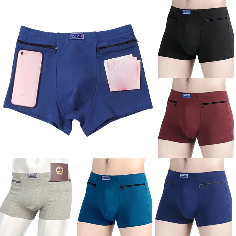 

Men Booty Shorts Men's Pockets Underwear Two Zippers Pockets Anti-Theft Briefs Cotton Underpants Mens Boxers Briefs