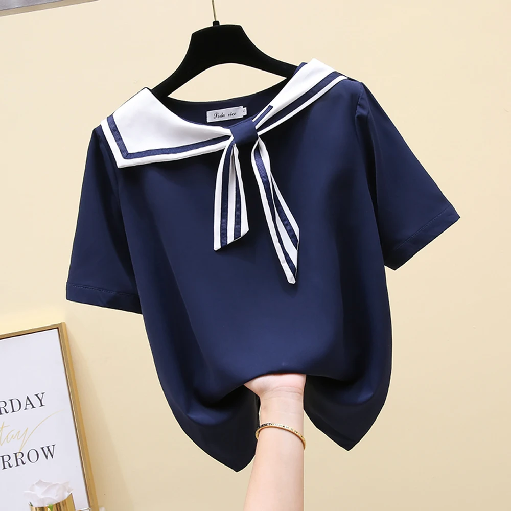 2022 Summer New Navy collar T shirt Women's Short-Sleeved Design Niche Sweet Bow Chiffon Top Tees
2022 Summer New Navy collar T shirt Women's Short-Sleeved Design Niche Sweet Bow Chiffon Top Tees