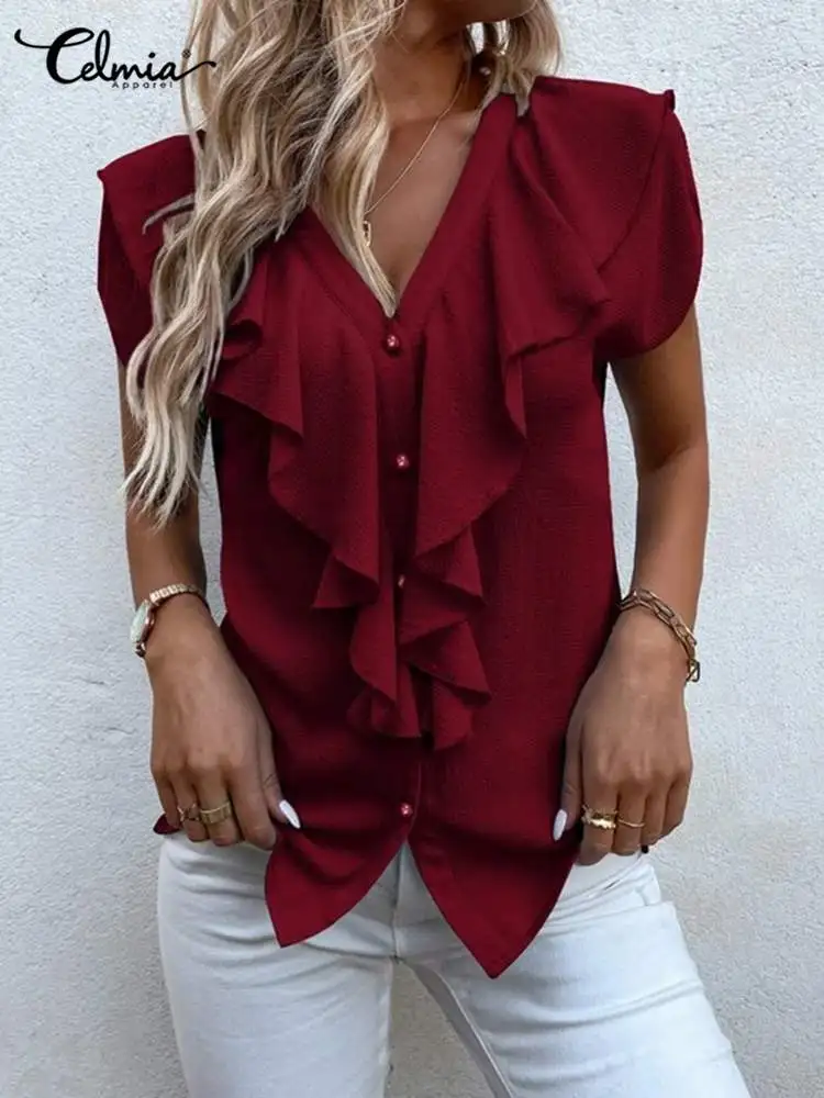 

Elegant V-neck Shirts Celmia Fashion Women Ruffles Blouses Summer Solid Color Blusas Short Sleeve Thin Tunic Buttons Chic Tops