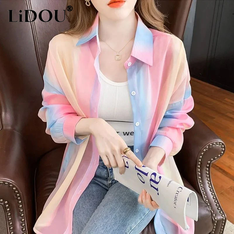 Summer Polo-neck Rainbow Printing Shirt Ladies Long Sleeve Loose Casual All-match Top Women Buttons Cardigan Sunscreen Blouse
Summer Polo-neck Rainbow Printing Shirt Ladies Long Sleeve Loose Casual All-match Top Women Buttons Cardigan Sunscreen Blouse
