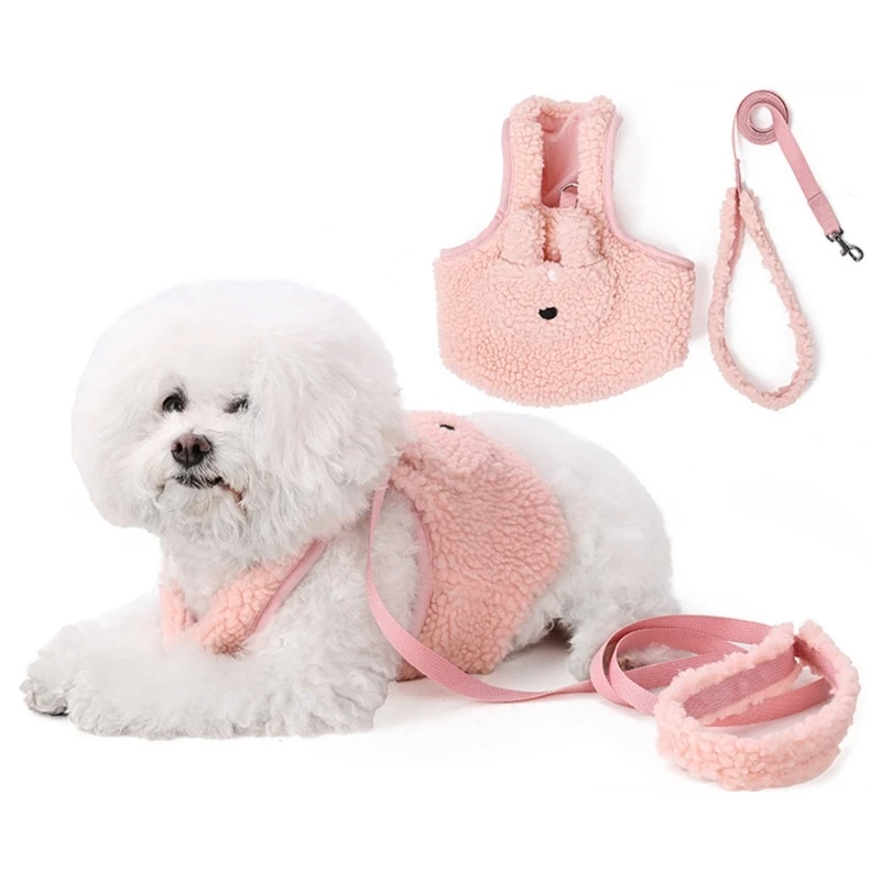 

Fashion Pink Dog Vest Harness Leash Adjustable Plushes Pet Puppy Chest Back Traction Rope for Small and Medium-sized Dogs