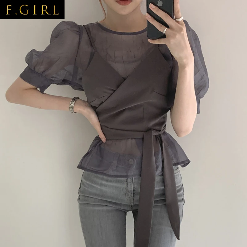 F GIRLS Womens Two Piece Set See Through Puff Sleeve Shirts Lace Up Slim Waist Sling Tops Korean Suit Roupas
F GIRLS Womens Two Piece Set See Through Puff Sleeve Shirts Lace Up Slim Waist Sling Tops Korean Suit Roupas