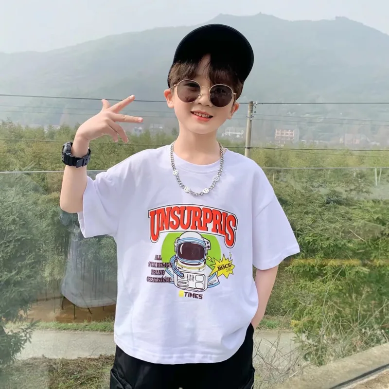

Summer Handsome Cool Kids Boy Casual Tops CartoonPrint Trendy Children's Pure Cotton T-shirt Short Sleeve Toddler Tees Han Fan