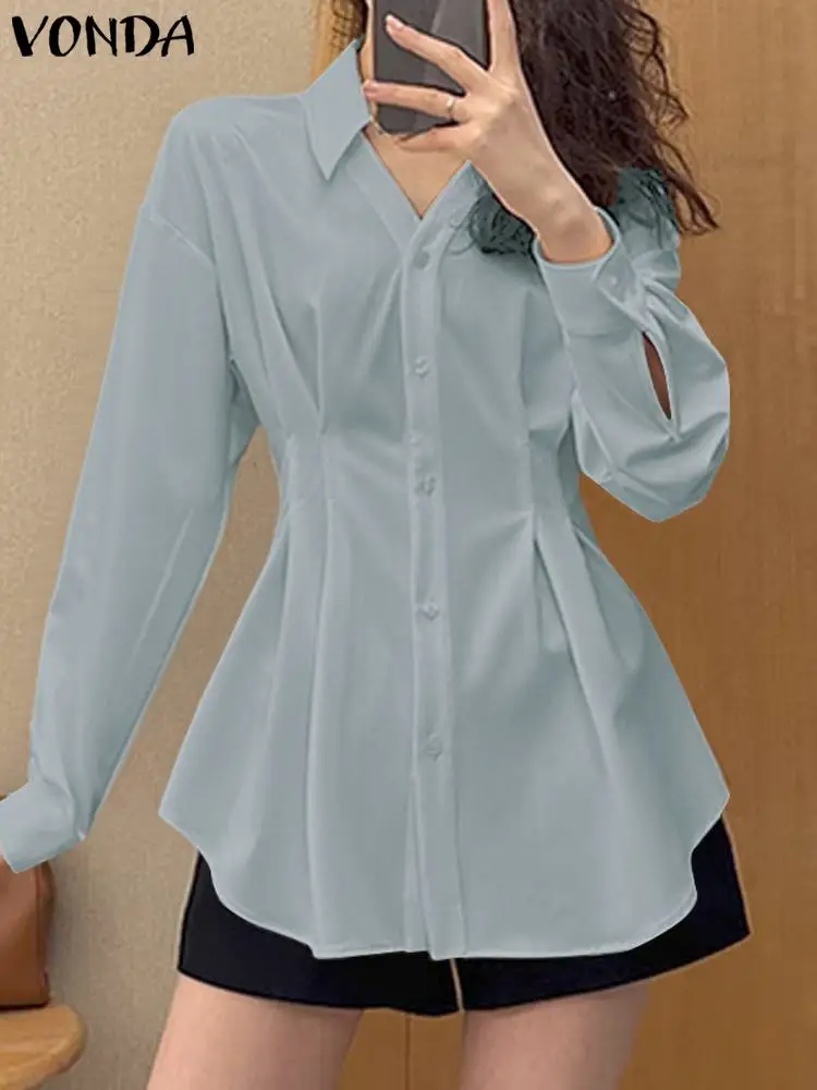 

2023 VONDA Elegant Women Office OL Style Shirts Long Sleeve Tops Autumn Casual Pleated Blouse Button Party Tunic Blusas Feminina