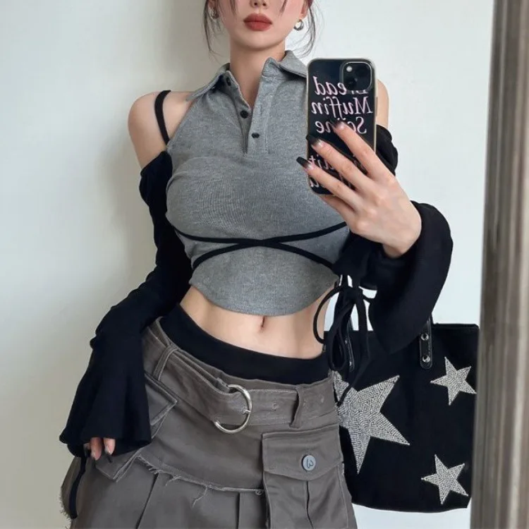 Contrast Color Patchwork T Shirts Off Shoulder Drawstring Crop Tops Turn Down Collar Female Slim Fake Two Piece Y2k Clothes 2023 
Contrast Color Patchwork T Shirts Off Shoulder Drawstring Crop Tops Turn Down Collar Female Slim Fake Two Piece Y2k Clothes 2023