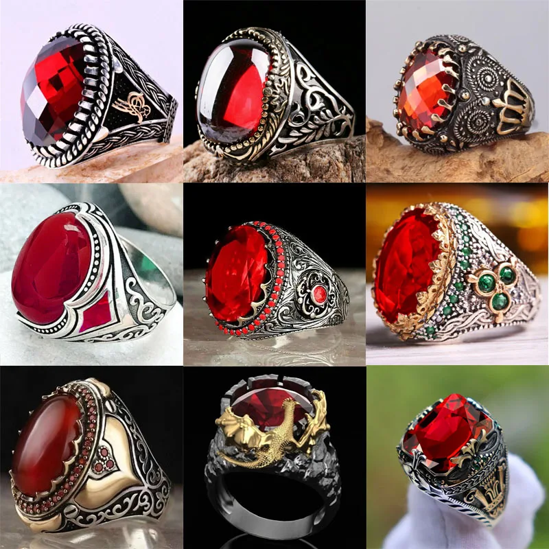 

2023 New Inlaid Red Emerald Men's Ring Turkey Retro Domineering Personality Ring To Attend The Banquet High-quality Jewelry