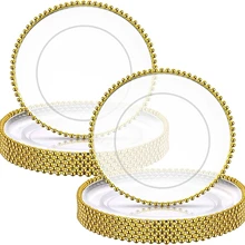 50/100 pieces Clear Plastic Charger Plates with Gold Beads Rim Acrylic Decorative Service Plate