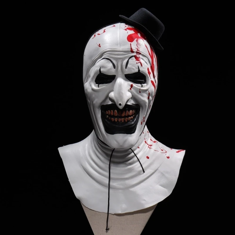 

Horror Terrifier Art The Clown Mask Creepy Bloody Demon Evil Joker Hat Latex Helmet Halloween Party Cosplay Costume Props