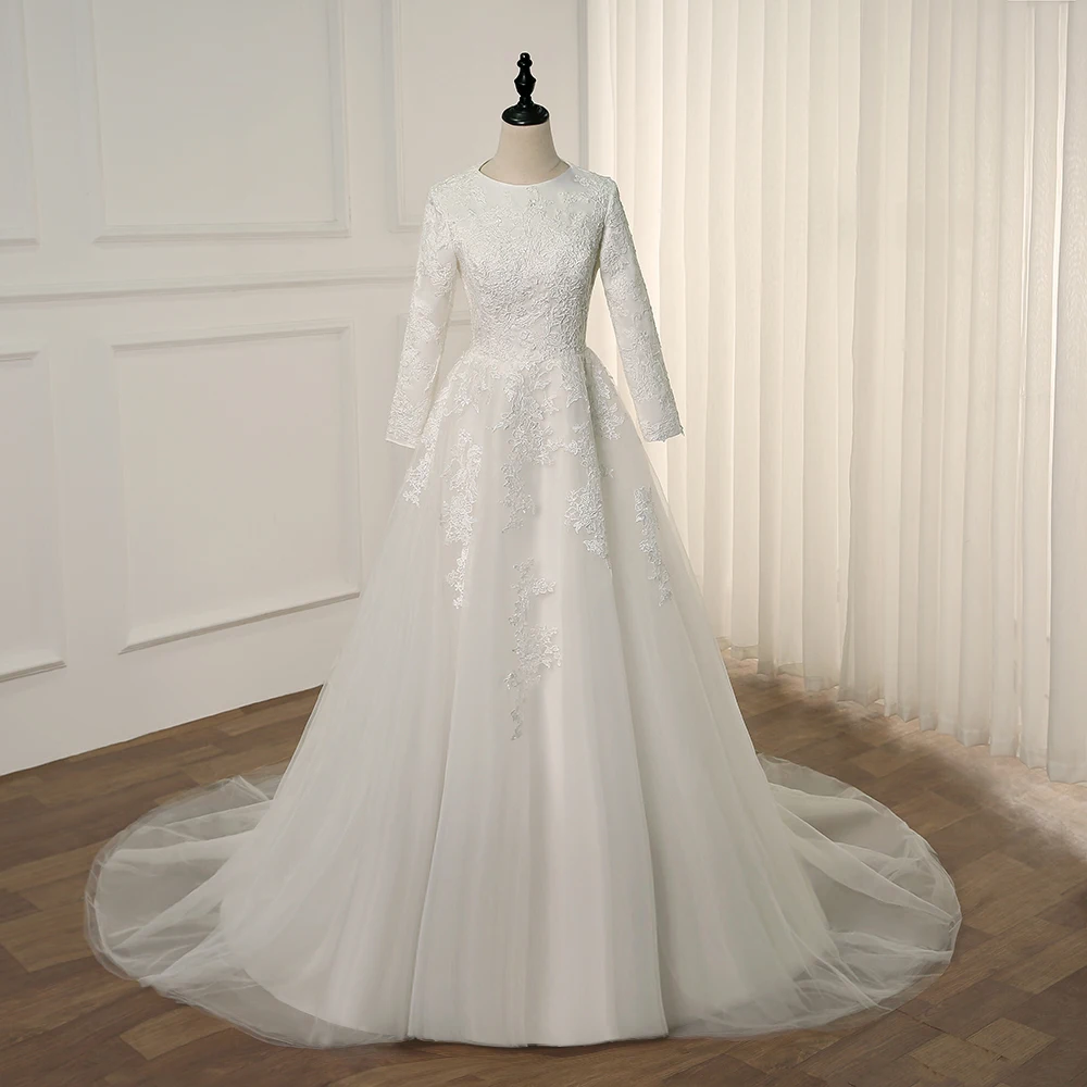 Modest Muslim Wedding Dress Real Photo Long Sleeves O Neck Lace Applique A Line Sweep Train Vestidos De Novia Bridal Gown
Modest Muslim Wedding Dress Real Photo Long Sleeves O Neck Lace Applique A Line Sweep Train Vestidos De Novia Bridal Gown