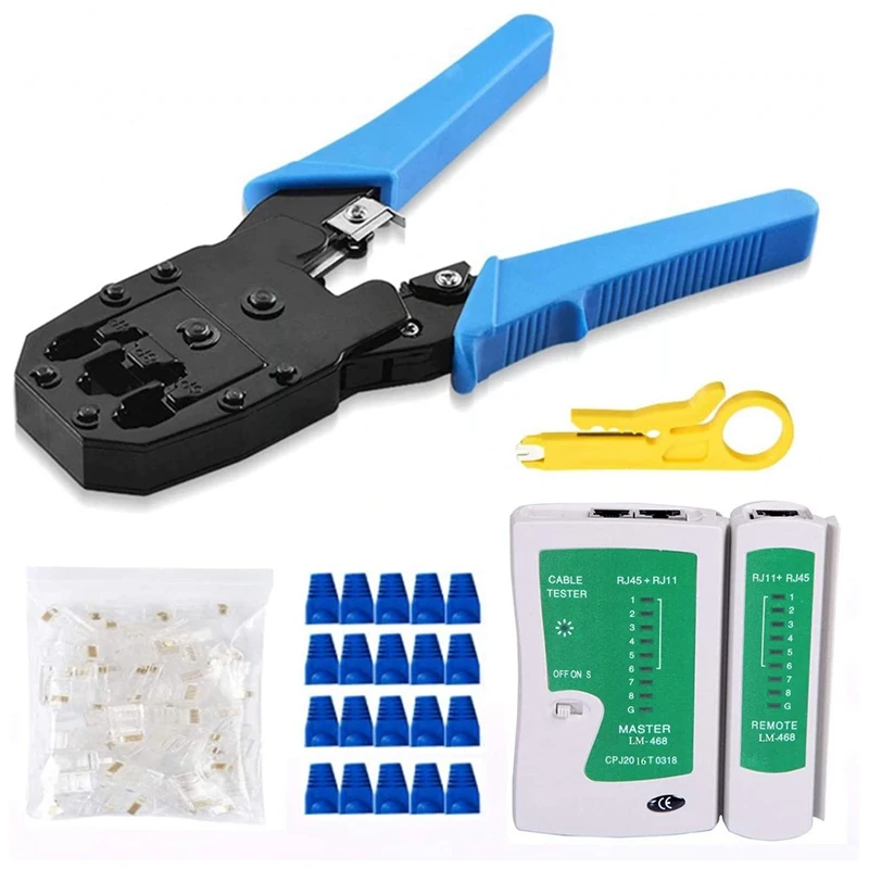 RJ45 Crimp Tool Kit, Cat5 Cat5e Crimping Tool With 100PCS RJ45 Cat5 Connectors, 20PCS RJ45 Cat5 Cat6 Connector Covers
RJ45 Crimp Tool Kit, Cat5 Cat5e Crimping Tool With 100PCS RJ45 Cat5 Connectors, 20PCS RJ45 Cat5 Cat6 Connector Covers