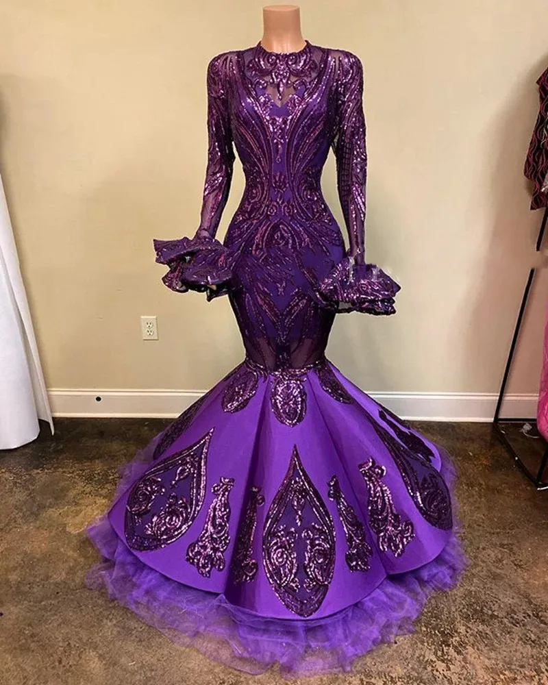 Sexy Mermaid Long Sleeve Prom Dresses 2022 Purple Sequin applique Black African aso ebi Girl Party Long evening Dress
Sexy Mermaid Long Sleeve Prom Dresses 2022 Purple Sequin applique Black African aso ebi Girl Party Long evening Dress