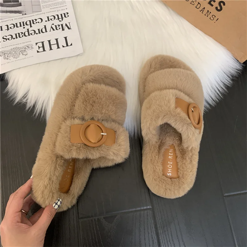 

Autumn and winter new mink hair rabbit hair cashmere fashion slippers Belt buckle women wear warm thick soled flat woolen shoes