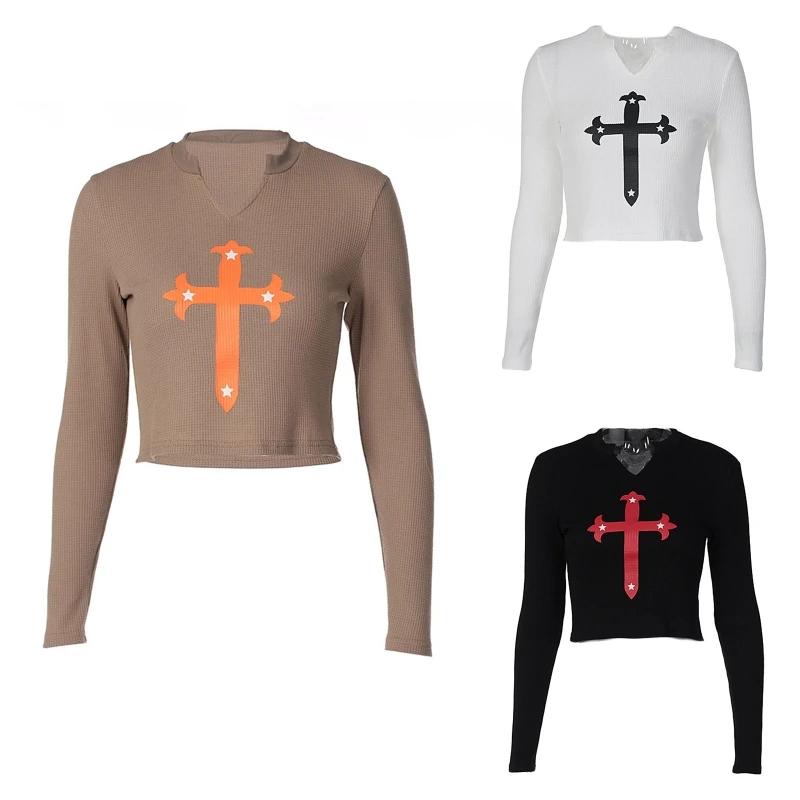 Women Gothic Long Sleeve V-Neck Crop Top Aesthetic Punk Cross Print Waffle Knit Bodycon Slim Fitted T-Shirts Streetwear
Women Gothic Long Sleeve V-Neck Crop Top Aesthetic Punk Cross Print Waffle Knit Bodycon Slim Fitted T-Shirts Streetwear