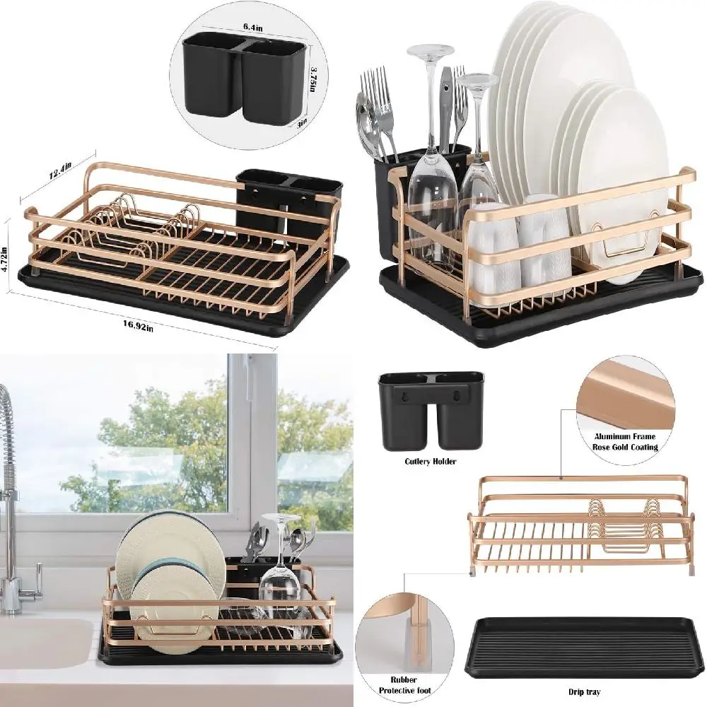 Luxurious Rosegold-Plated Removable Dish Rack with Cutlery Holder & Drainer Tray - Perfect Kitchen Storage Solution for Home Dec
Luxurious Rosegold-Plated Removable Dish Rack with Cutlery Holder & Drainer Tray - Perfect Kitchen Storage Solution for Home Dec