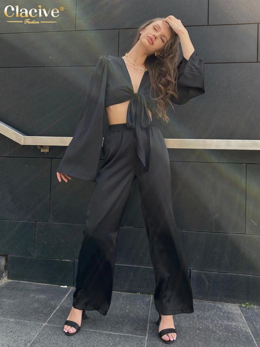 Clacive Sexy Lace-Up Shirts Two Piece Sets Womens Outifits Bodycon Balck Satin Pants Set Streetwear High Wiast Trouser Suits
Clacive Sexy Lace-Up Shirts Two Piece Sets Womens Outifits Bodycon Balck Satin Pants Set Streetwear High Wiast Trouser Suits
