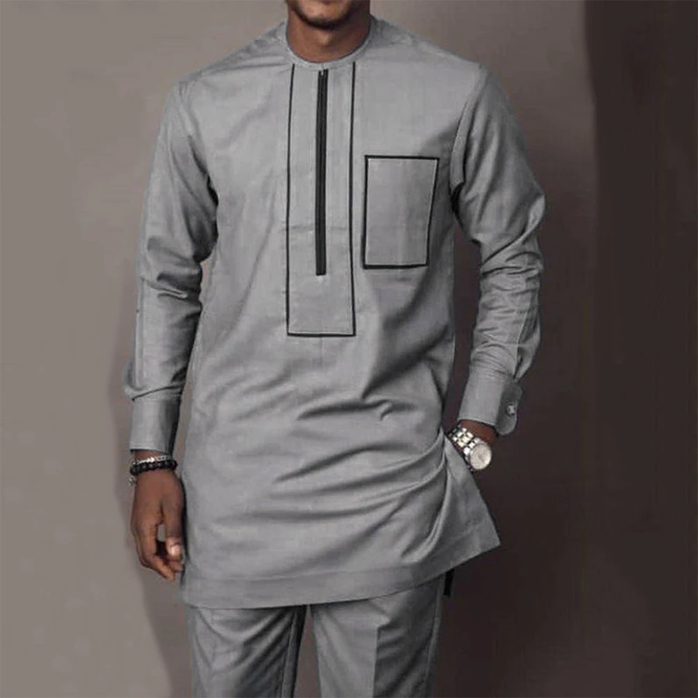 

Dashiki Suit Men Grey Zippied Social Long Sleeve T-shirt Pants 2 Piece Outfit Traditional Clothing Shirt Sweatpants Male (M-4XL)