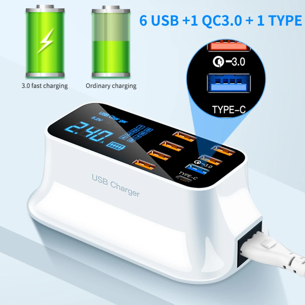 Зарядное устройство с 8 USB-портами, 40 Вт, ЖК-дисплей, Тип C, быстрая зарядка 3,0, портативное зарядное устройство для IPhone 14, 13, 12 Pro Max, Xiaomi, Samsung
Зарядное устройство с 8 USB-портами, 40 Вт, ЖК-дисплей, Тип C, быстрая зарядка 3,0, портативное зарядное устройство для IPhone 14, 13, 12 Pro Max, Xiaomi, Samsung