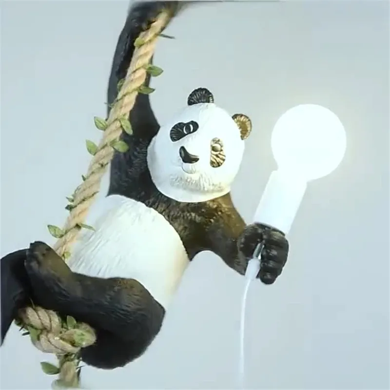 Современные смолы панда светильник s подвесной с пеньковой веревкой для детской