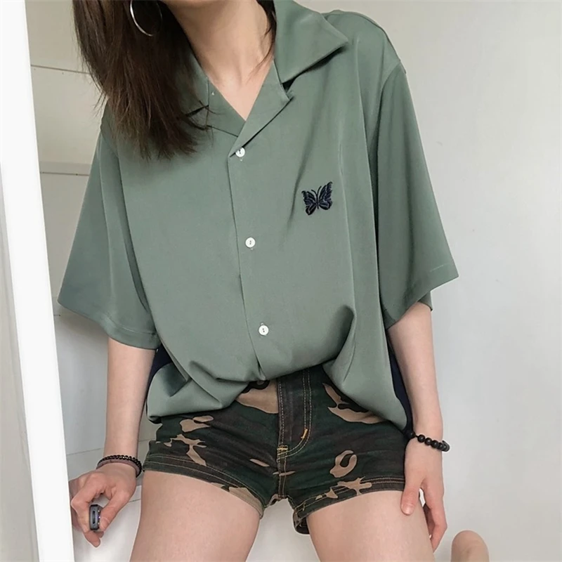 

New Butterfly Embroidery Green Apricot Black Needles Shirts Men Women Oversized AWGE Spliced Lapel Shirt y2k