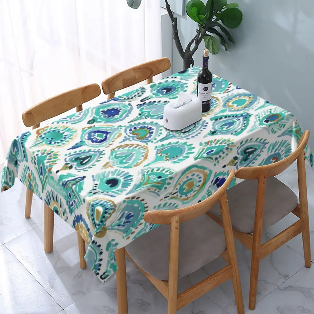 

Rectangular Peacock Mermaid Nautical Scales And Feathers Table Cloth Waterproof Tablecloth Table Cover Backed with Elastic Edge