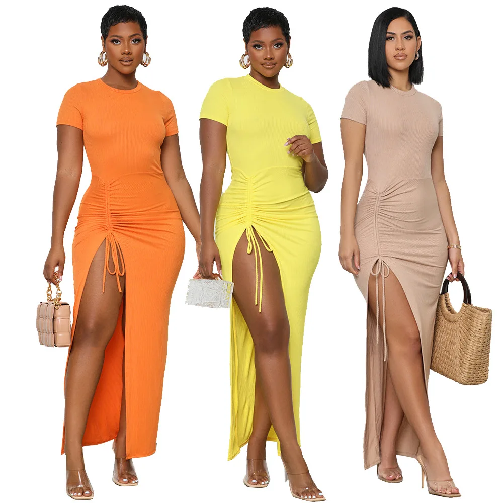 SKMY Fashion Elegant Solid Color 2022 New Long Dresses For Women Summer Short Sleeve Drawstring Ruched Side Slit Dress Party 
SKMY Fashion Elegant Solid Color 2022 New Long Dresses For Women Summer Short Sleeve Drawstring Ruched Side Slit Dress Party