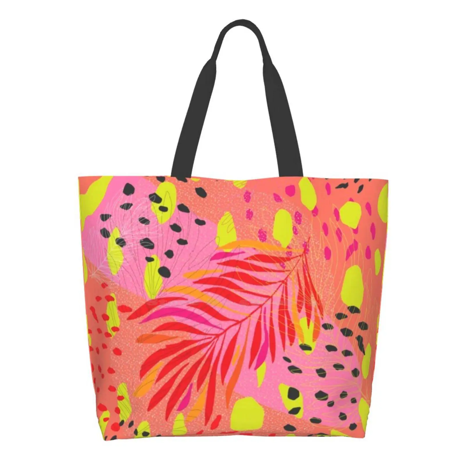

Tangerine Seaweed High Quality Large Size Tote Bag Tangerine Orange Citron Lime Yellow Neon Palm Leaves Summer Bright Colors