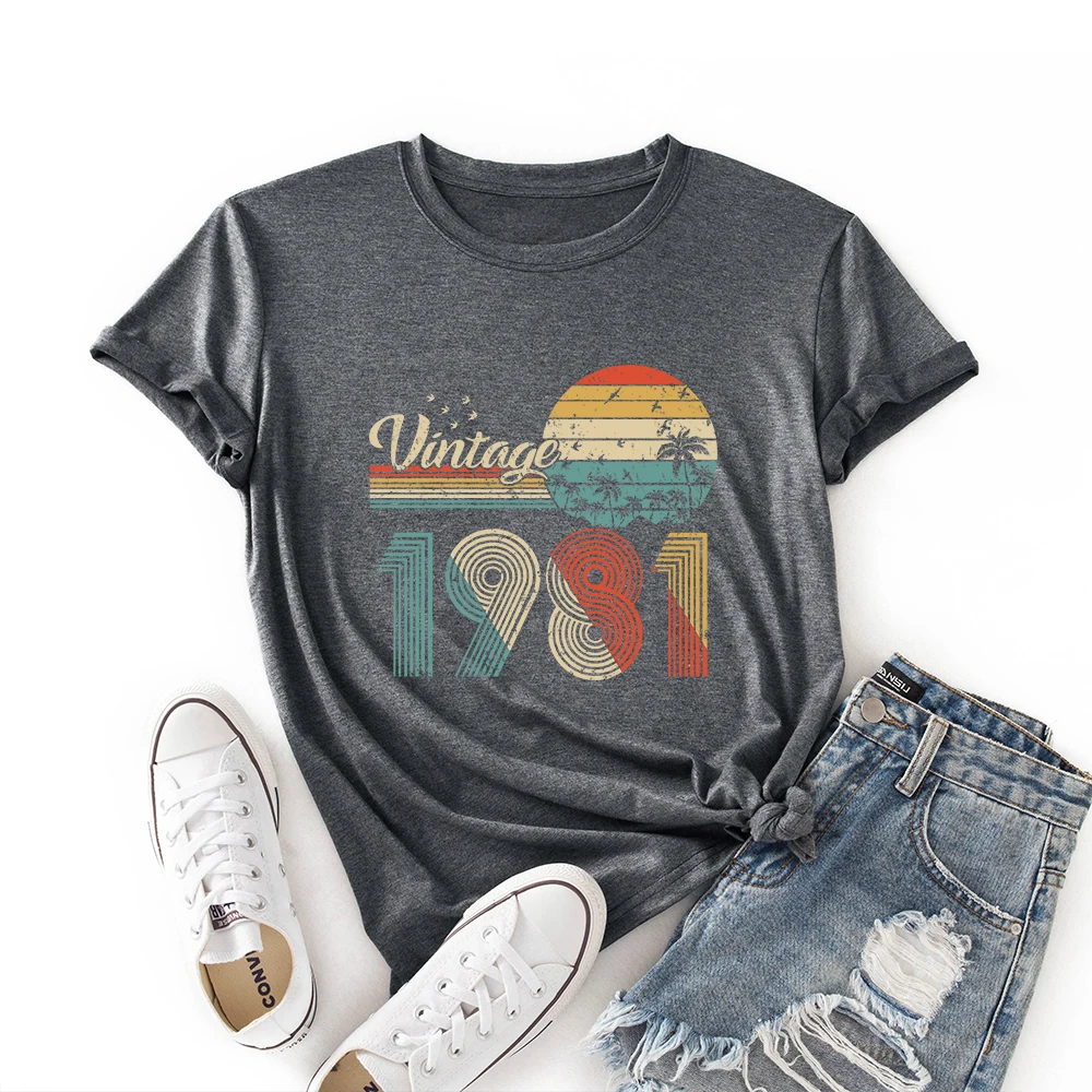 Vintage 1981 Shirt 40th Birthday Women Short Sleeve Colored Casual T-Shirt Summer Graphic Tee Shirts Female Clothes Tops
Vintage 1981 Shirt 40th Birthday Women Short Sleeve Colored Casual T-Shirt Summer Graphic Tee Shirts Female Clothes Tops