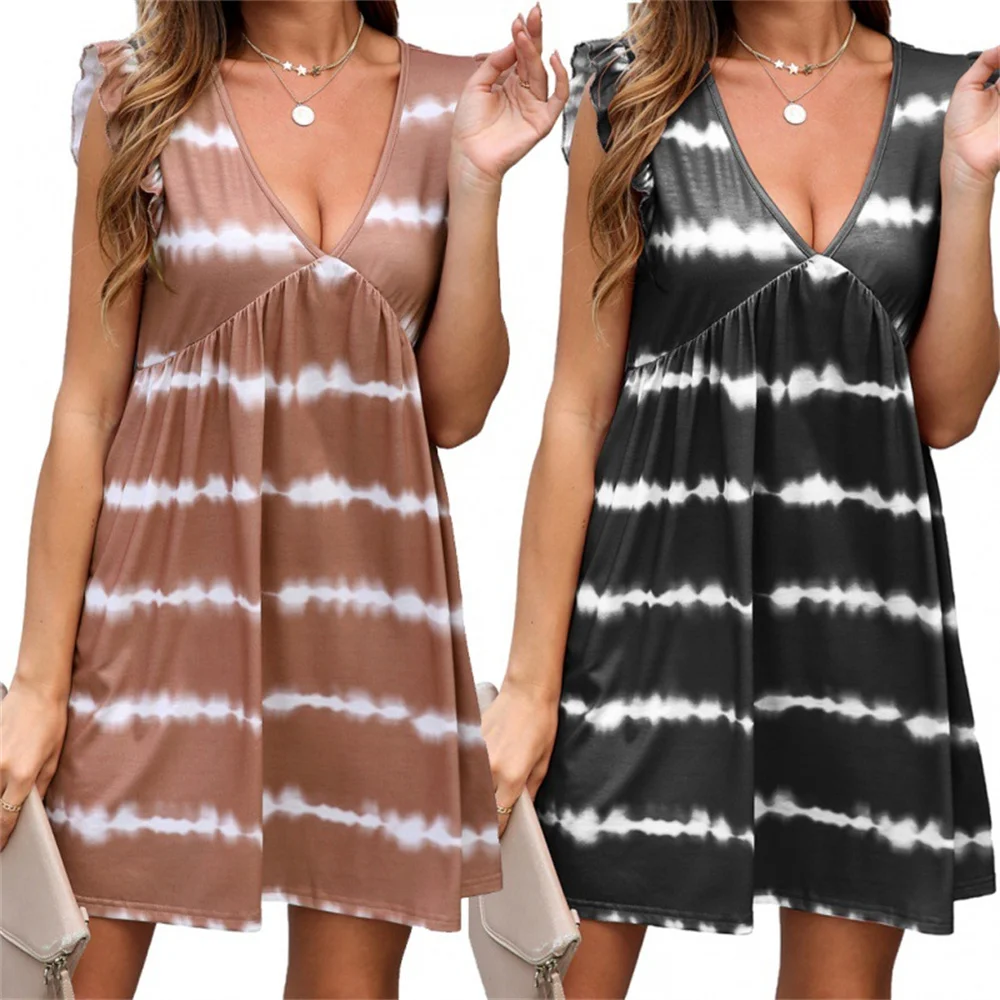 2022 Summer New Women's Striped Print Dress Ruffle Sleeve Vestidos V Neck Loose Casual Knee Length Skirt For Female
2022 Summer New Women's Striped Print Dress Ruffle Sleeve Vestidos V Neck Loose Casual Knee Length Skirt For Female
