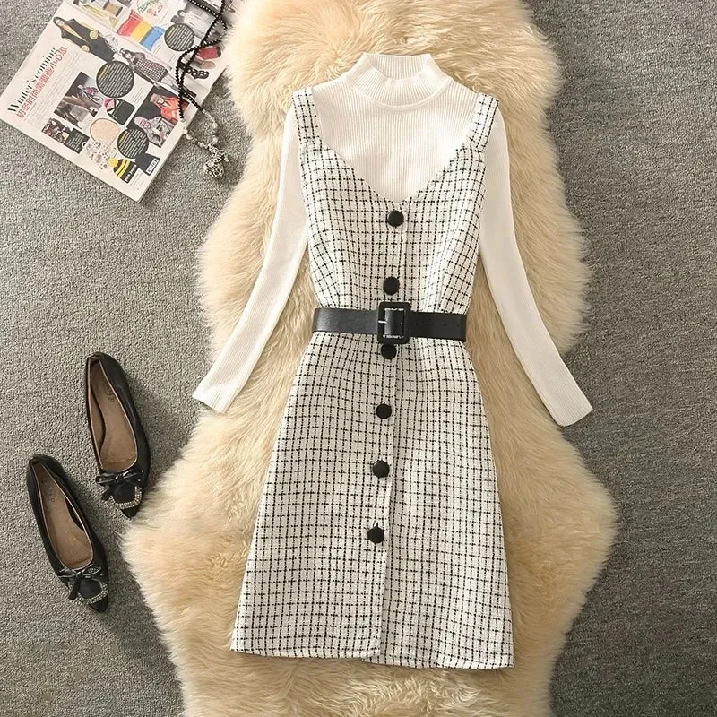 

Korean Plaid Tweed Slim 2 Piece Sets Women Vintage Mini Tank Dress Suit Elegant Belted Single Breasted Vest Dresses Knit Sweater