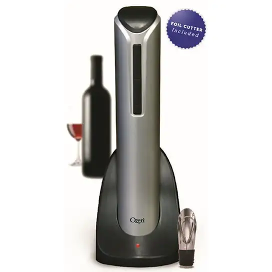 Pro Wine Bottle Opener with Wine Pourer, Stopper, Foil Cutter and Elegant Recharging Stand
Pro Wine Bottle Opener with Wine Pourer, Stopper, Foil Cutter and Elegant Recharging Stand