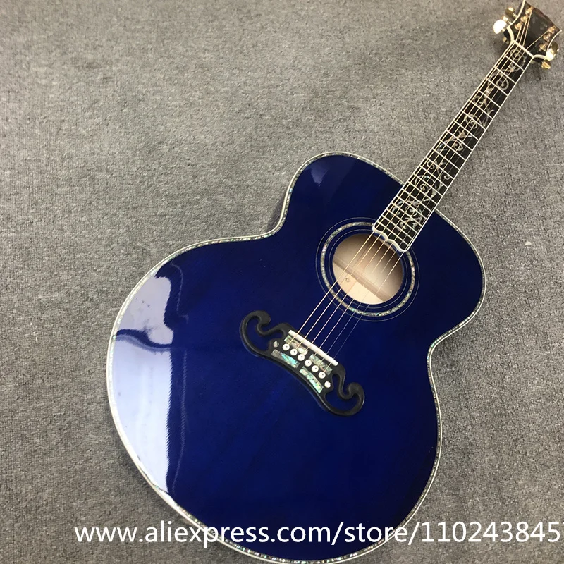 

Custom guitar, solid spruce top, ebony fingerboard, abalone shell binding 42 "high-quality Jumbo style blue j200 acoustic guitar