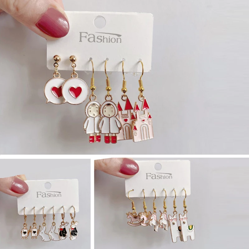 

3Prs Pink Rocking Horse Earrings Lima Castle Cartoon Dangle Drop Earrings For Women Girl Gifts Brincos Pendientes Cерьги Jewelry