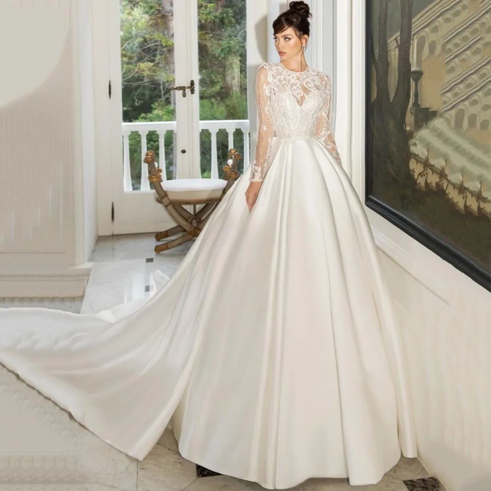Newest Glamorous Lace Wedding Dresses For Bride A Line O Neck Long Sleeves Beaded Robe De Mariée Satin Bridal Gowns
Newest Glamorous Lace Wedding Dresses For Bride A Line O Neck Long Sleeves Beaded Robe De Mariée Satin Bridal Gowns