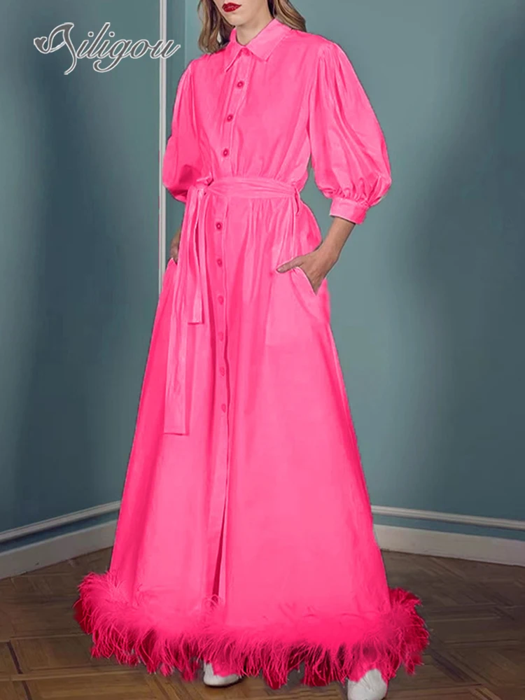 Ailigou Fall 2022 Women's Elegant Solid Color Party Dress Short Sleeve Loose Dress Button Belt Vintage Long Dress with Feather
Ailigou Fall 2022 Women's Elegant Solid Color Party Dress Short Sleeve Loose Dress Button Belt Vintage Long Dress with Feather