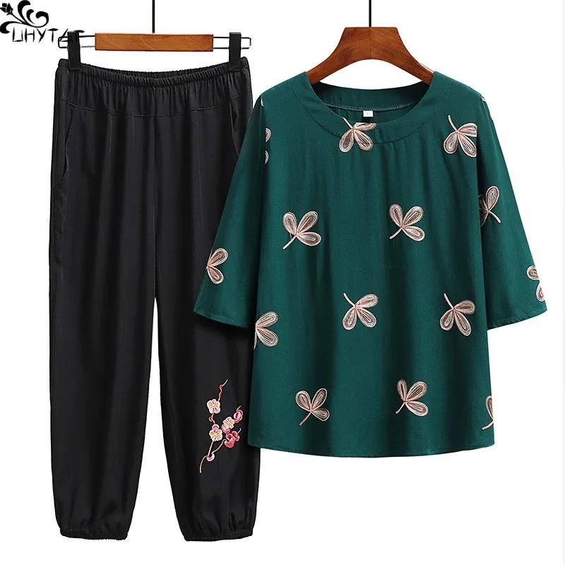 

UHYTGF XL-6XL Middle-Aged Elderly Pants Sets For Women Summer Loose Embroidery T-Shirt Seven Points Pants Ladies Two-Pieces Set
