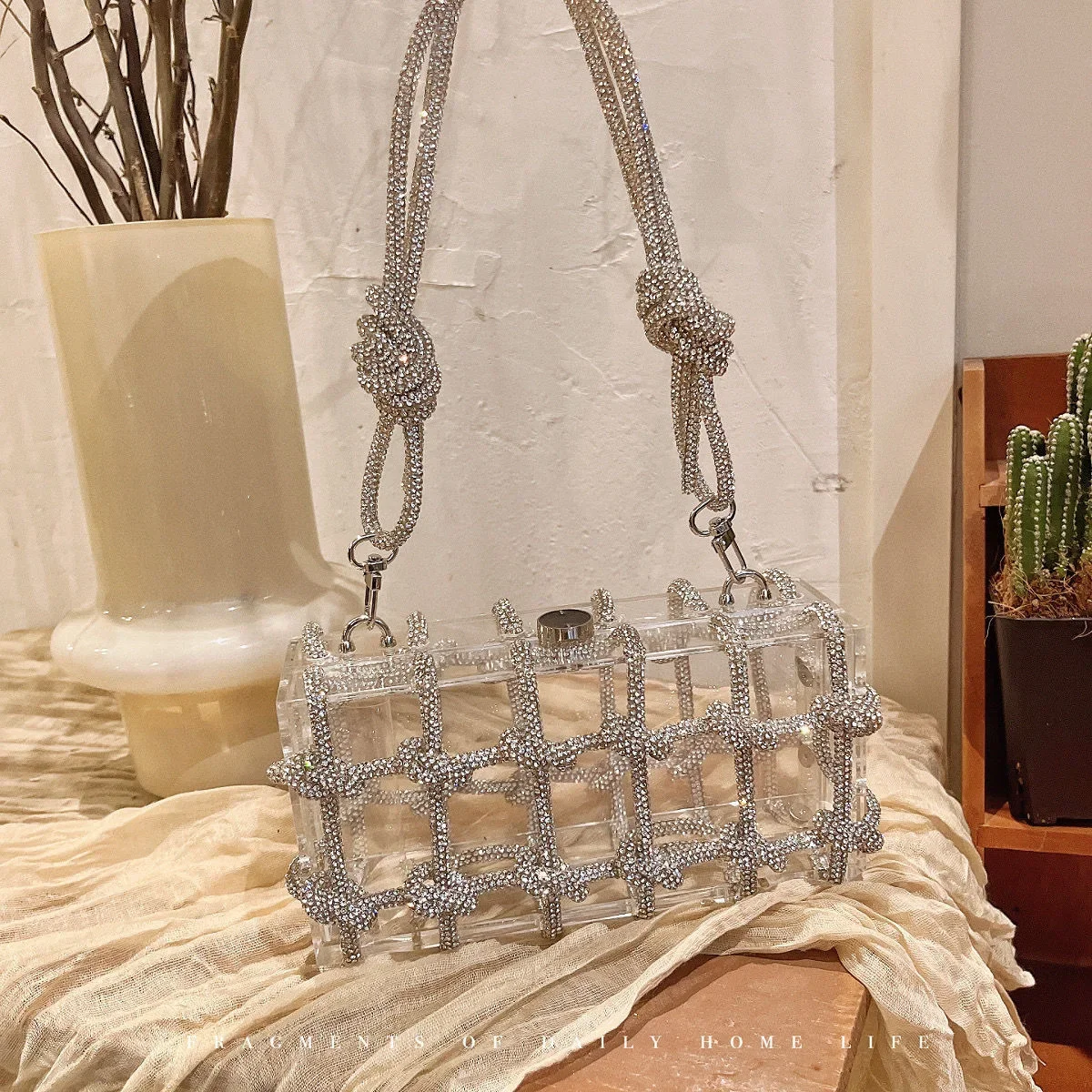 

Rhinestone Clear Acrylic Box Evening Clutch Bags Women Boutique Woven Knotted Rope Diamond Purse and Handbags Wedding Party Ins