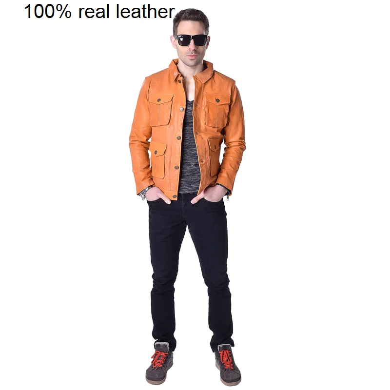 Fashion Genuine Jacket Men Vegetable Tanned Matte Goatskin Pockets Yellow Male Leather Coat Autumn M158
Fashion Genuine Jacket Men Vegetable Tanned Matte Goatskin Pockets Yellow Male Leather Coat Autumn M158