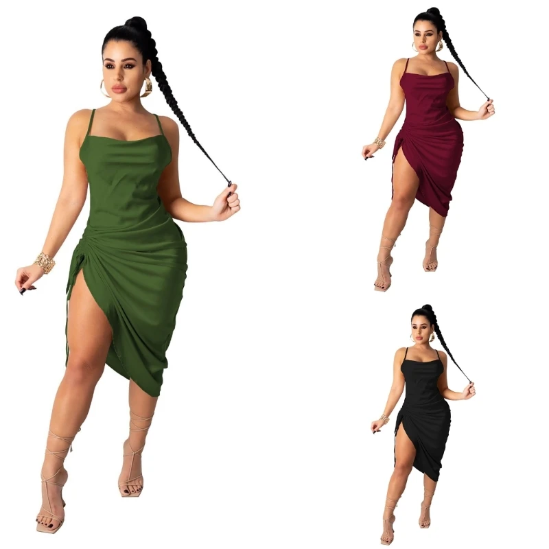 

Womens Satin Sexy Midi Cami Dress Spaghetti Strap Cowl Neck Backless Solid Color Side Ruched Drawstring Slip Dresses A5KE