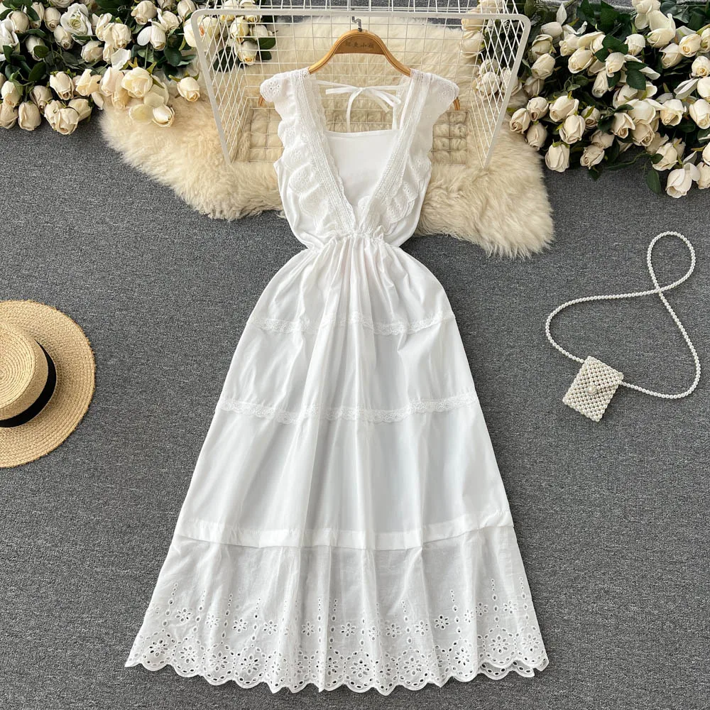 Summer Women's White Dress Ruffle Deep V-Neck Lace Up Midi Vestido Feminino Sexy Hollow Out Vintage Female Robe New Fanshion
Summer Women's White Dress Ruffle Deep V-Neck Lace Up Midi Vestido Feminino Sexy Hollow Out Vintage Female Robe New Fanshion