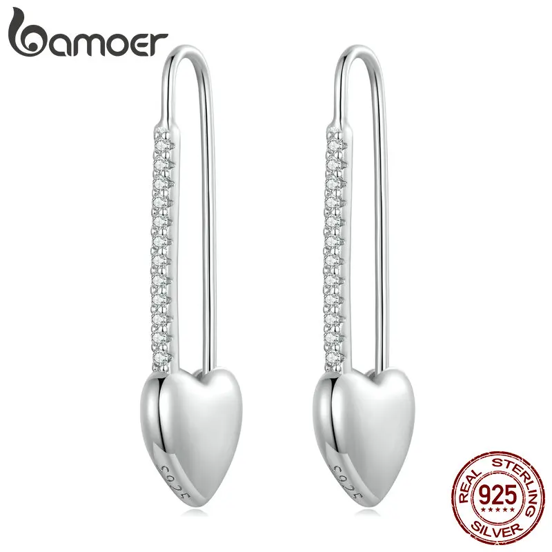 

Bamoer 925 Sterling Silver Heart-Shaped Button Pin Ear Buckles Platinum Plated Zircon Hoop Earrings for Women Trendy Jewelry