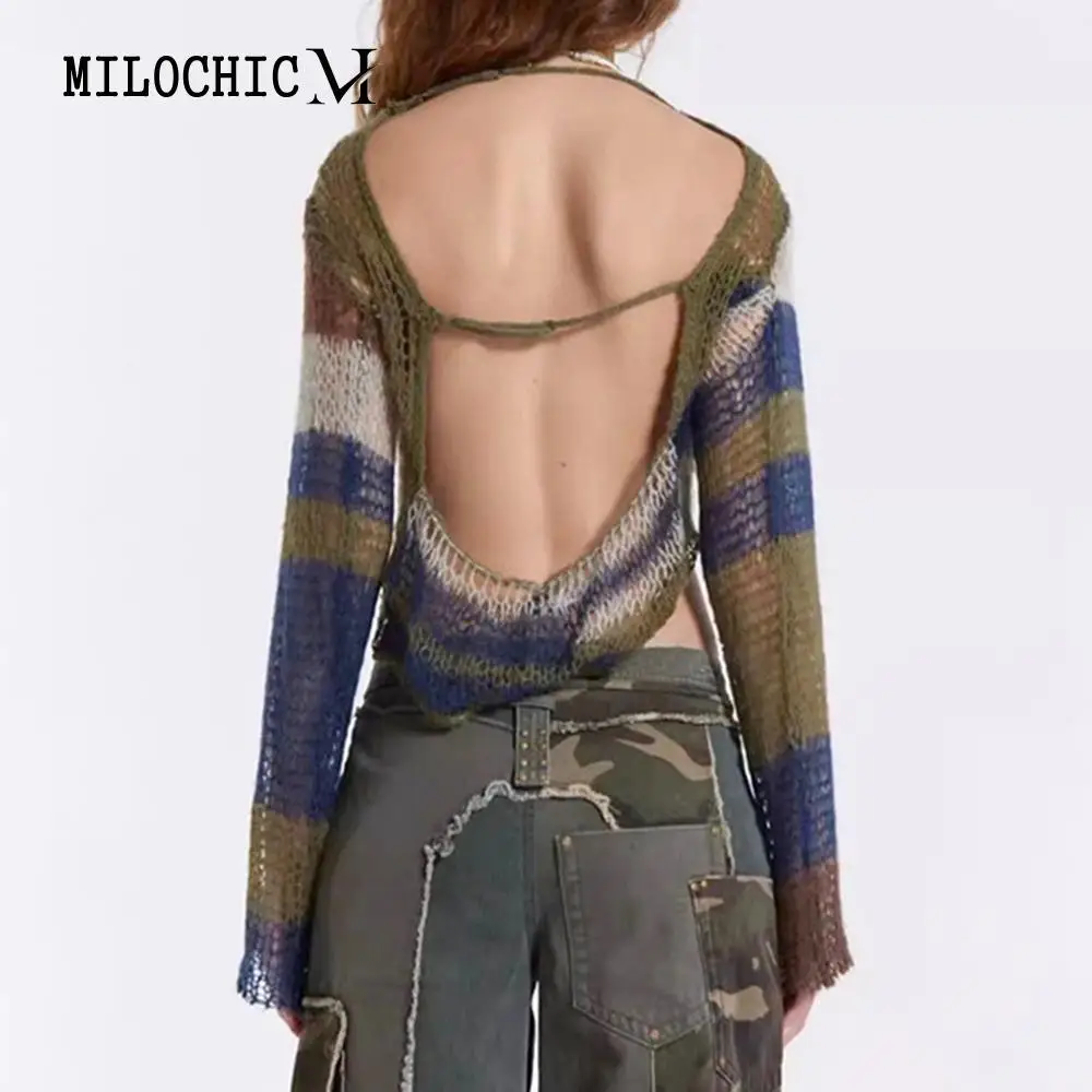 Striped Knit Halter Neck Tees Top Color Clash Women Tie Back Crop Sweater Lightweight Retro Chic Loose Pullover Streetwear
Striped Knit Halter Neck Tees Top Color Clash Women Tie Back Crop Sweater Lightweight Retro Chic Loose Pullover Streetwear
