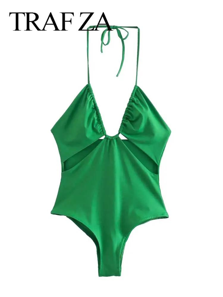 

TRAF ZA 2022 Fashion Solid Color Green One Piece Halter Drawstring Lace-Up Top Cutout Sexy Sleeveless Backless Swimsuit Women