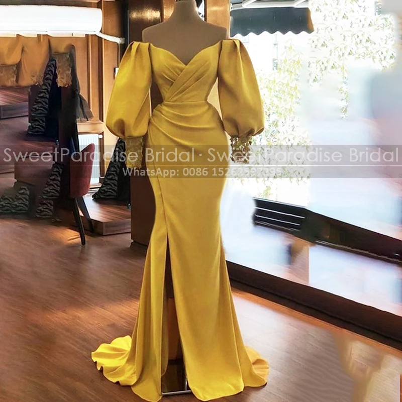 Gold Yellow Long Bishop Sleeves Evening Dresses With Side Split Mermaid Off Shoulder Trumpet Prom Dress Party
Gold Yellow Long Bishop Sleeves Evening Dresses With Side Split Mermaid Off Shoulder Trumpet Prom Dress Party