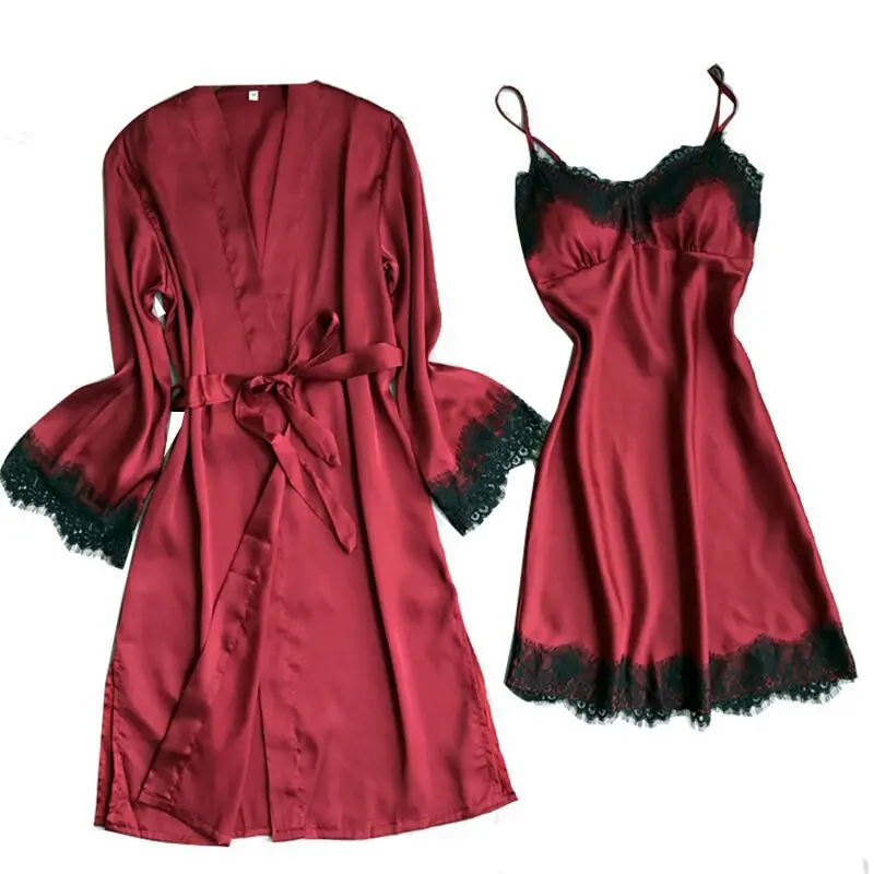 

Fashion Sexy Women Sleepwear Faux Silk Robe Sets Ladies Kimono Bathrobe Lace Sling Nightgowns Wedding Nightdress Pajama Homewear